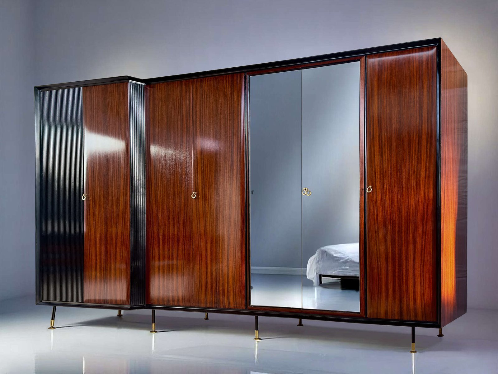 Italian mid-century teak wood Wardrobe 7-door by Vittorio Dassi, 1950s