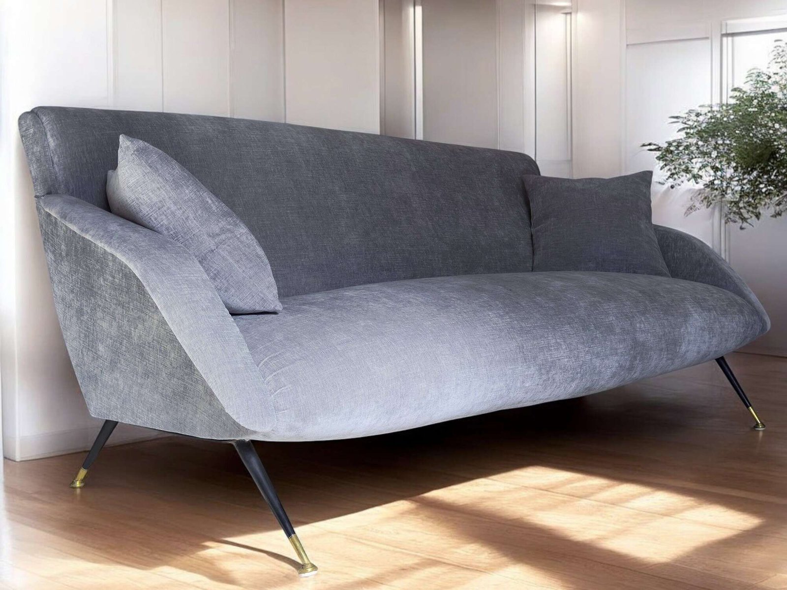 Italian mid-century three-seater gray velvet Sofa Radice style, 1950s