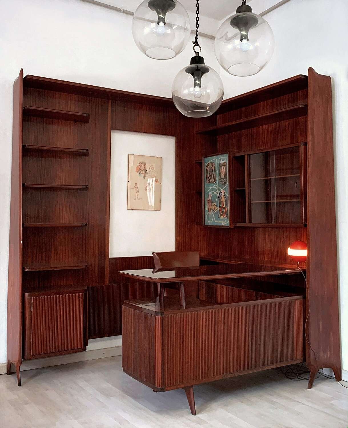 Italian mid-century freestanding corner Bookcase with Desk, 1950s